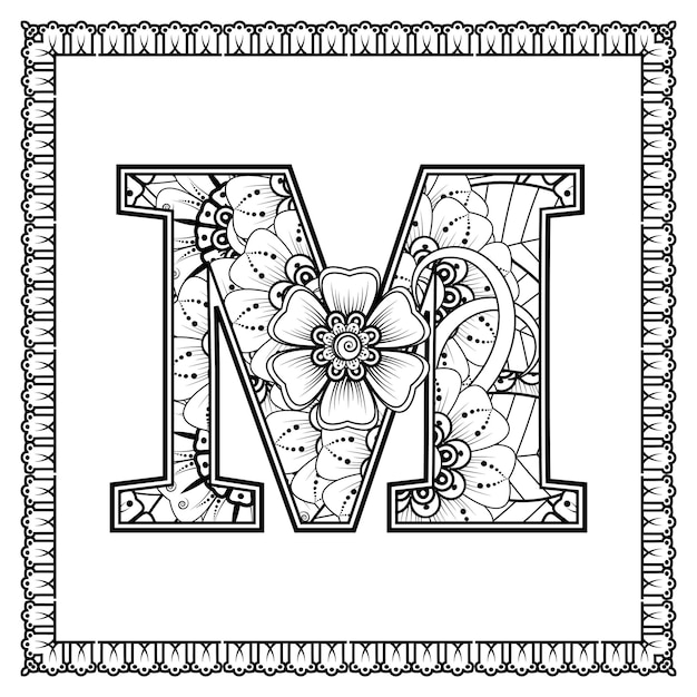 Letter m gemaakt van bloemen in mehndi stijl kleurboek pagina overzicht handdraw vectorillustratie