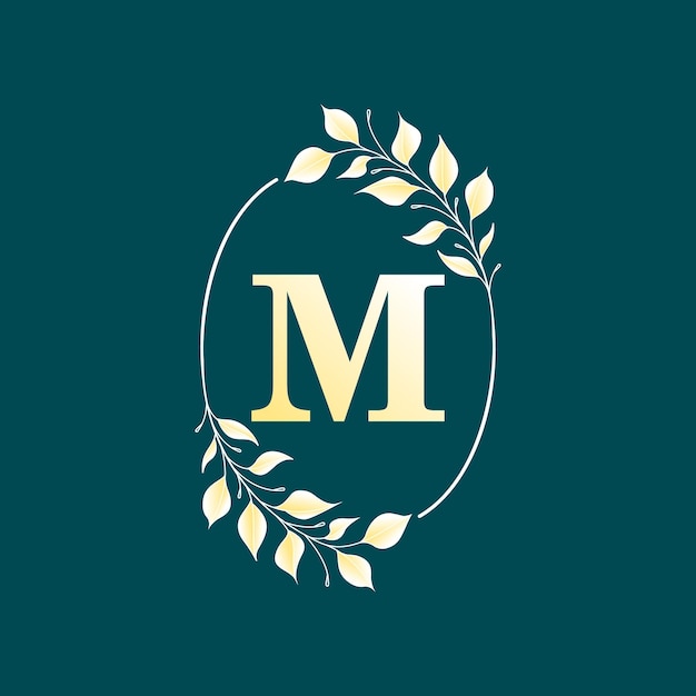 Letter m inside an elegant oval frame in gold leaf. vector isolated illustration