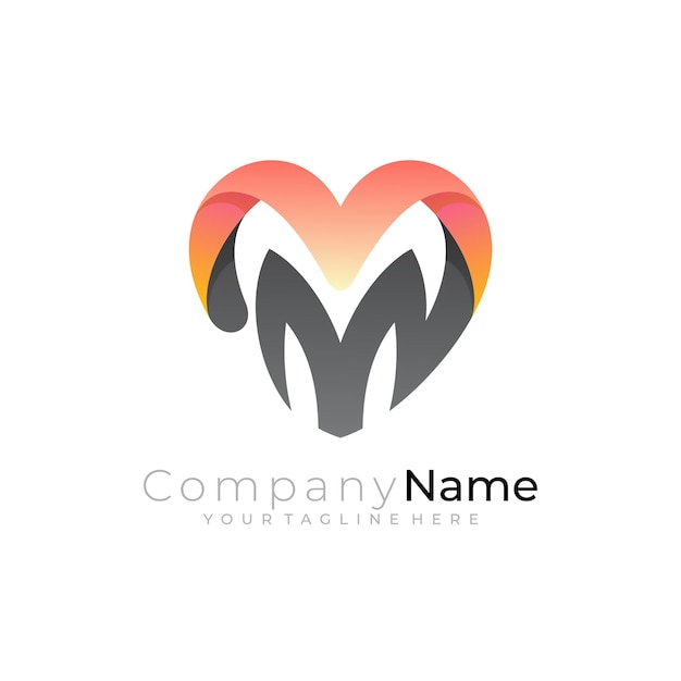 Letter M logo en love care design combinatie liefdadigheid