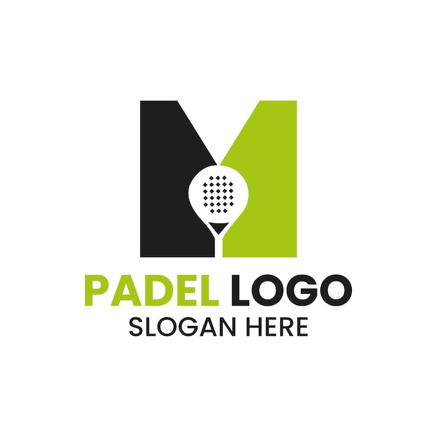 文字 M Padel ロゴ デザイン。パデル スポーツ ラケット シンボル