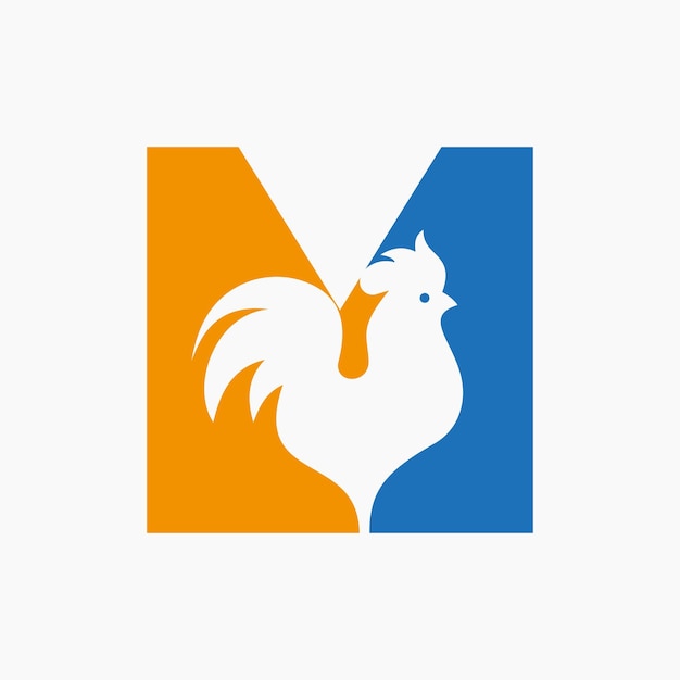 Vector letter m poultry logo with hen symbol chicken logo rooster sigh vector template