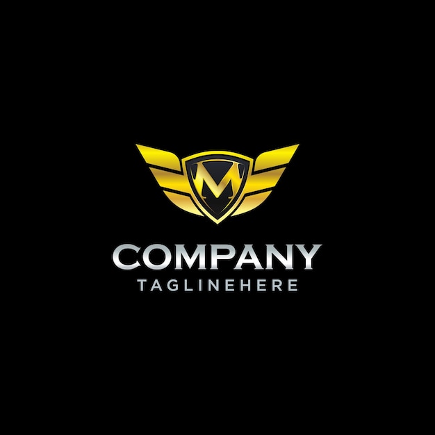 文字 M シールド翼ゴールド カラー ロゴ デザイン コンセプト テンプレート ベクトル