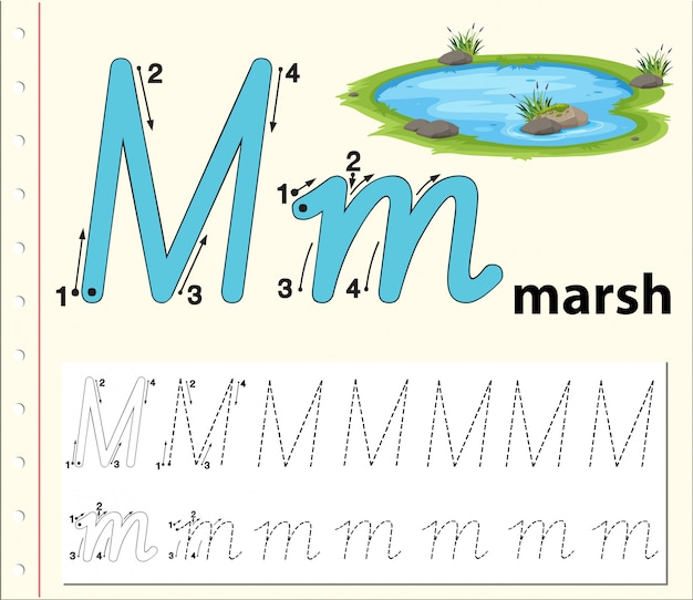 Letter m traceren alfabet werkbladen