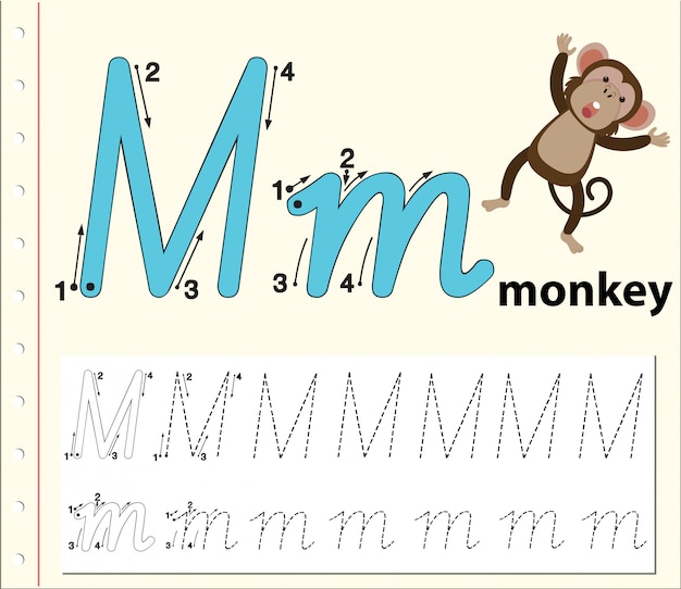 アルファベットのワークシートをトレースするmの文字