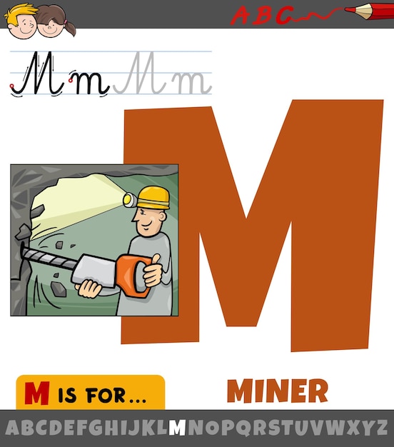 letter M van het alfabet met cartoon mijnwerker beroep