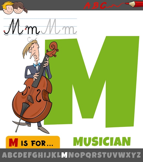 letter M van het alfabet met cartoon muzikant personage