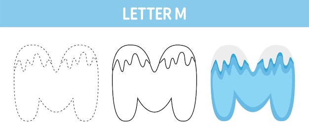 Letter M Werkblad voor het traceren en kleuren van sneeuw voor kinderen