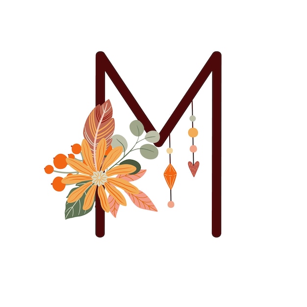 Vector letter m with boho flowers