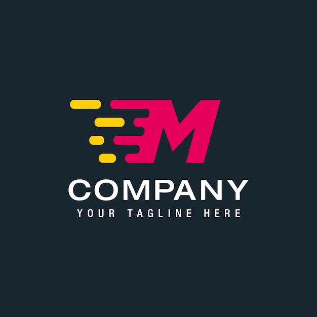 배달 서비스 로고가 있는 문자 M 기업의 정체성을 위한 빠른 속도 이동 및 빠른 디지털 및 기술