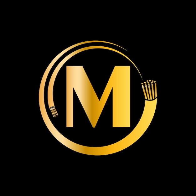 letter m with electric wire optical fiber cable logo design vector template