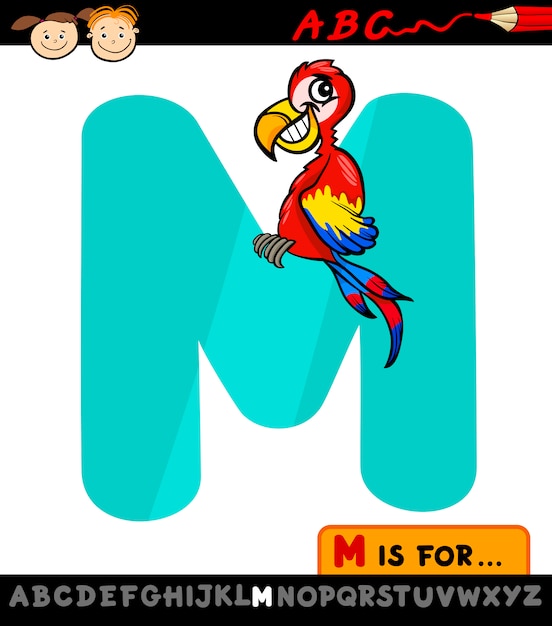 Vector letter m with macaw cartoon illustration