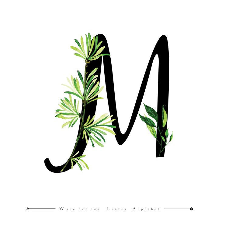 Vector letter m with watercolor leaves background