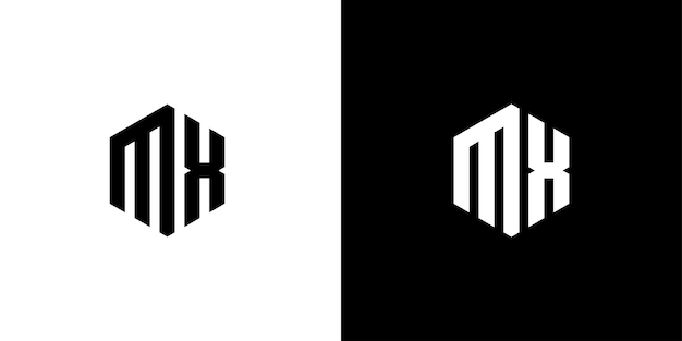 흑백 배경에 편지 MX 다각형 육각형 최소 로고 디자인