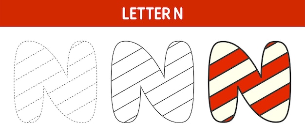 Letter N Candy Cane-werkblad overtrekken en kleuren voor kinderen