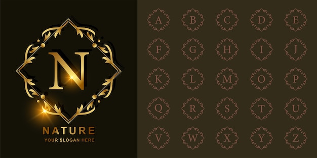 Vector letter n or collection initial alphabet with luxury ornament floral frame golden logo template.