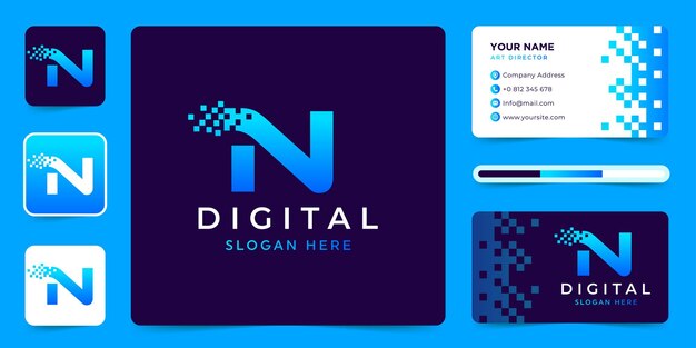 Vector letter n data technology logo design vector with business card template