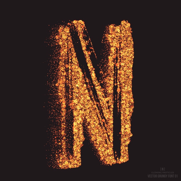 Вектор Буква n огонь горения текст эффект элемент дизайна шрифта на черном фоне. яркий золотой мерцание разброс частиц пламени светящийся символ