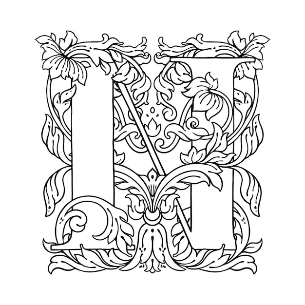 Ornamento floreale lettera n alfabeto monogramma bellissimo logo vettoriale con lettere maiuscole floreali