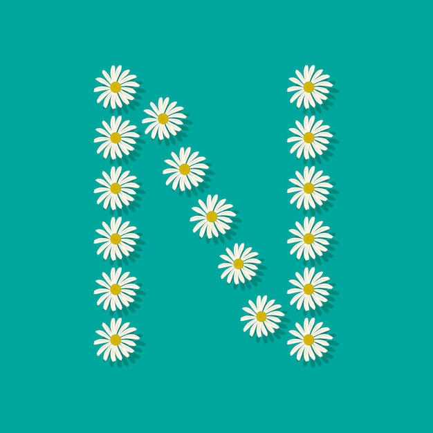 白いカモミールの花からの文字N。春や夏休みやデザインのためのお祝いのフォントや装飾。ベクトルフラットイラスト