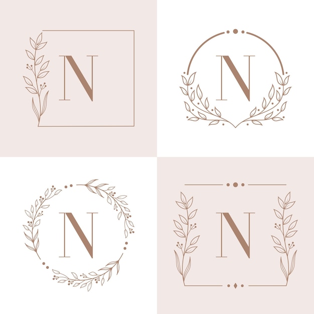 Letter N-logo met bloemenframe achtergrondsjabloon