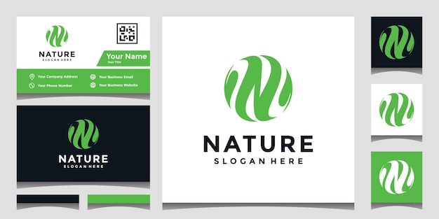 Letter n-logo-ontwerp met natuur en visitekaartje