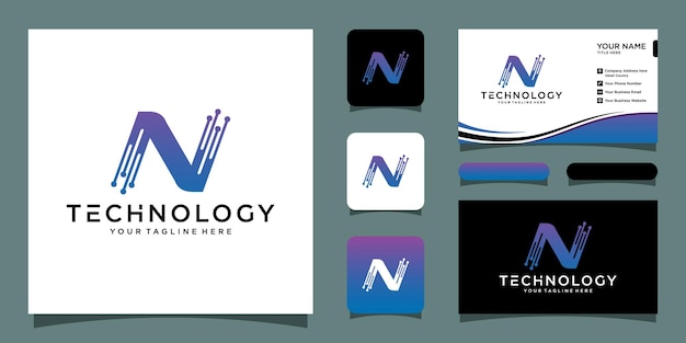 Vector letter n logo ontwerpsjabloon, technologie, elektronica, digitaal, logo met visitekaartje ontwerp premium vector