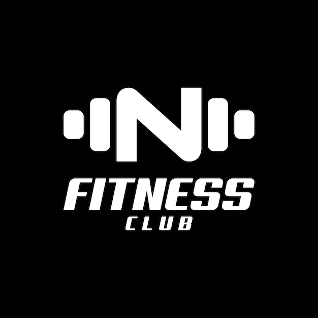 Буква N логотип со штангой. Фитнес-зал логотип. фитнес вектор дизайн логотипа для тренажерного зала и фитнеса.