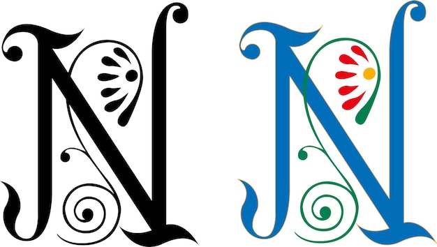 Letter n monogram alfabet. blauwe bloemen met spiraalvormig rolontwerp. initialen hoofdletters.