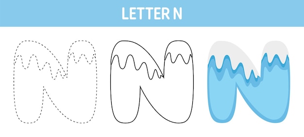 Letter N Snow tracing and coloring worksheet for kids