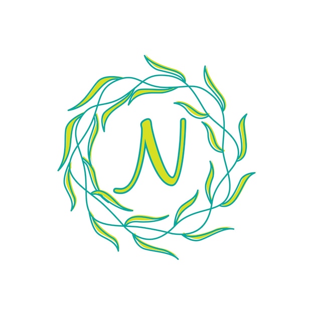 원형 녹색 잎 로고 벡터 아이콘 기호 그림 디자인 서식 파일이 있는 문자 N