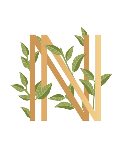 Vector letter n with gradient style beige color covered with green leaves eco font flat vector illustration isolated on white background