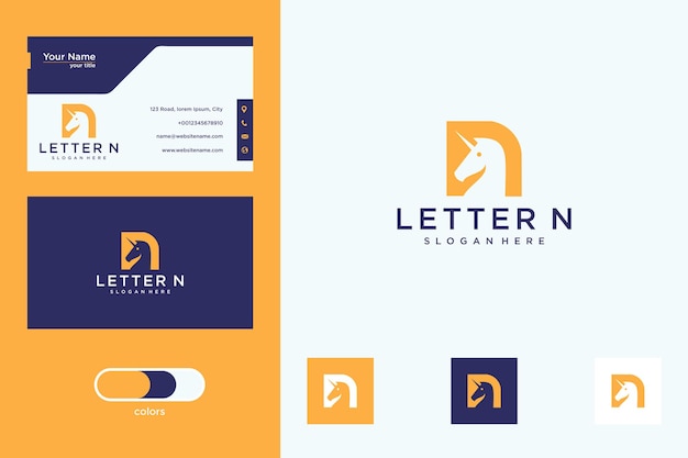 Letter n with unicorn logo design and business card