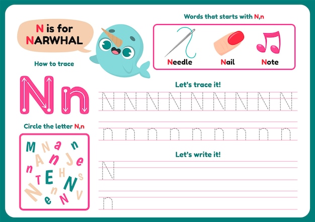 Letter n worksheet with narwhal and items