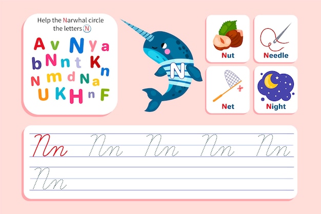 Letter n worksheet with narwhal