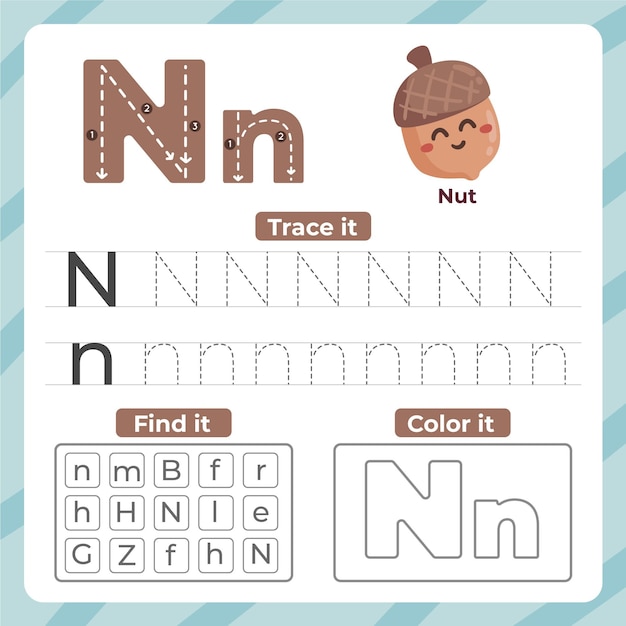 Vector letter n worksheet with nut