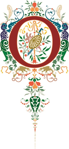 Letter o bloemen middeleeuwse renaissance. de buitensporige hoofdletters van het monogram aanvankelijke alfabet.