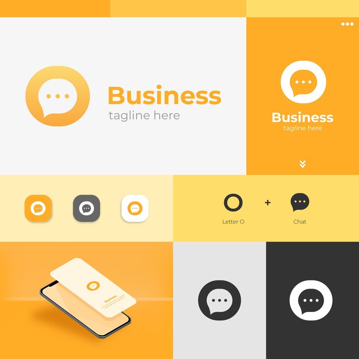 Vector letter o chat logo design with smartphone app display mockup