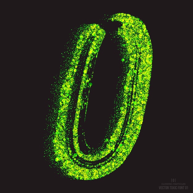 Vettore effetto di testo tossico del grunge della lettera o. carattere acido astratto incandescente particelle di colore verde brillante isolate su sfondo nero. scorie radioattive. apocalisse zombie horror. elemento di disegno del simbolo della fiamma verde