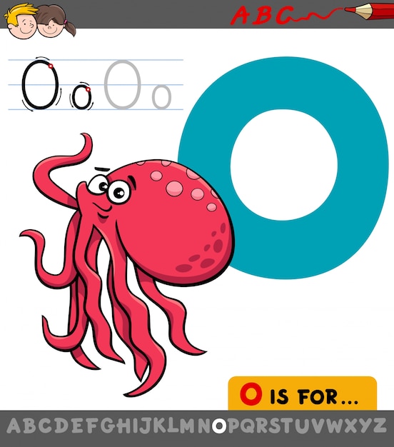 Letter o met cartoon octopus dier