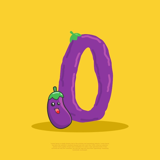 Letter O met schattige aubergine die ernaast zit platte ontwerpvector