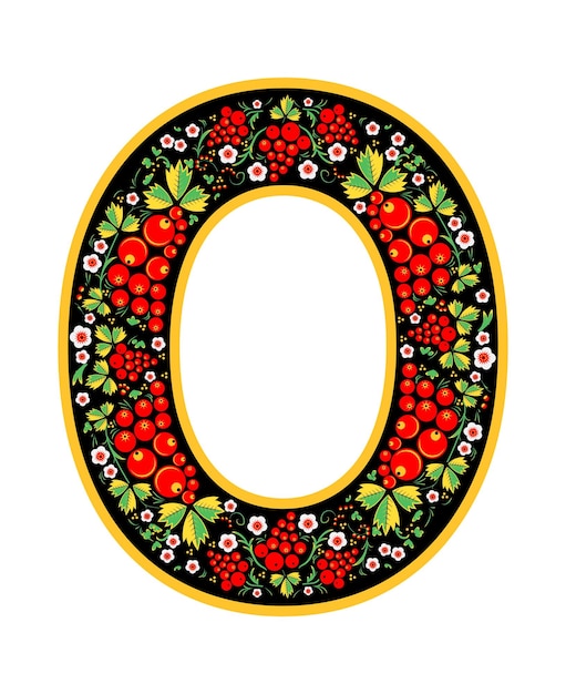 Vector letter o in the russian style the style of khokhloma on the font a symbol in the style of a russian