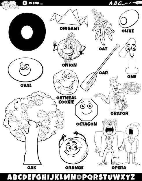 Letter O set with cartoon objects and characters coloring page