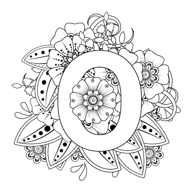 Letter o with mehndi flower decorative ornament in ethnic oriental style coloring book page