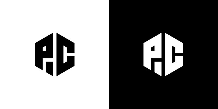 वेक्टर letter p c polygon hexagonal minimal and professional logo design on black and white background