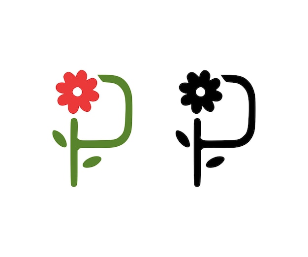 Letter p en rode bloem doodle icon