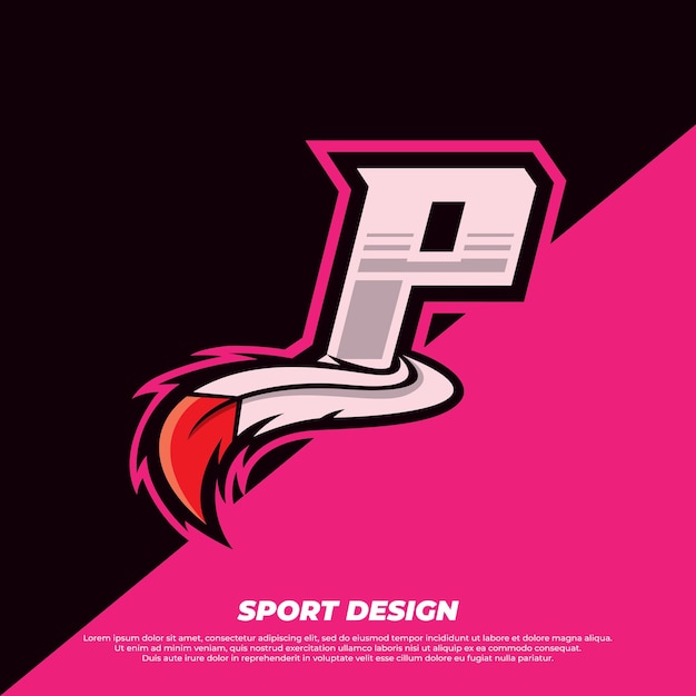 Modello di design esport lettera p con gamer in stile pelliccia indiana e illustrazione del logo sportivo