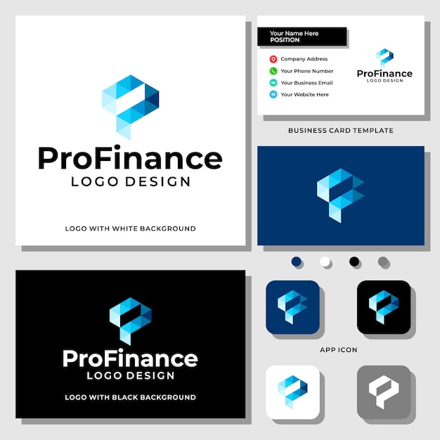 Letter p f monogram finance technology logo design with business card template