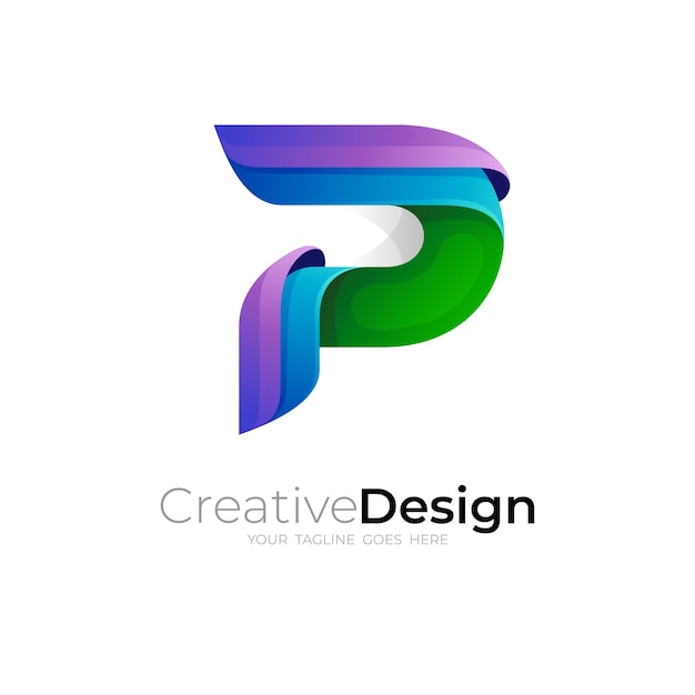 Логотип буквы P и 3d красочный дизайн шаблона современные иконки