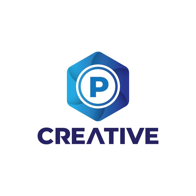 Letter p logo design with polygonal style hexagonal logo with gradient blue