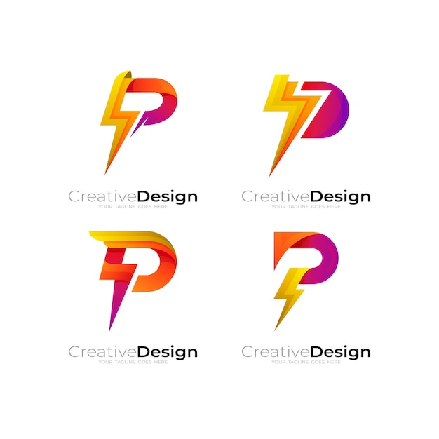 Letter p logo and thunder design template, collection logos